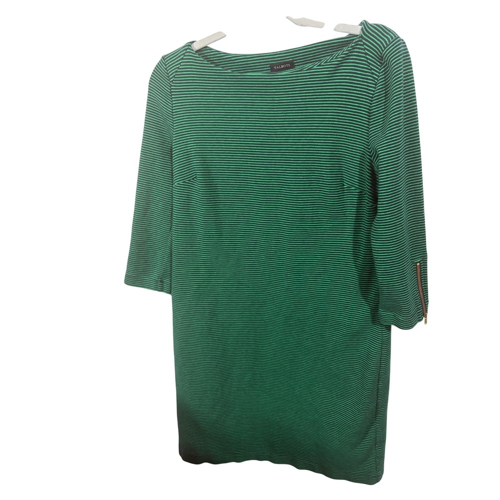 Talbots Womens Green Navy Striped Cotton Knit Shift Dress Gold Cuff Zips Size M